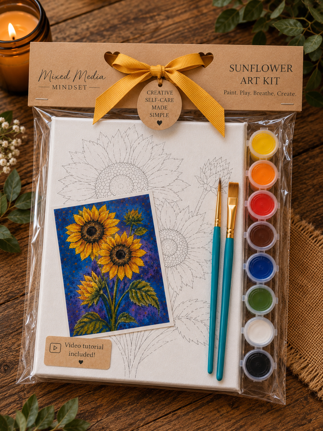 Sunflower art kit in clear plastic packaging with a kraft paper header, tied with a yellow ribbon. The kit includes a sunflower painting sample, black-and-white sunflower line art on white paper, two paintbrushes, and multiple small paint pots in yellow, orange, red, brown, blue, green, black, and white.