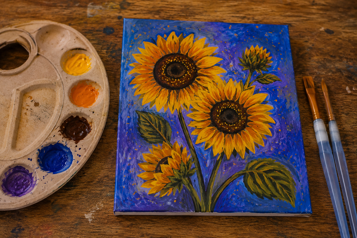 A canvas painting of three sunflowers on a textured blue background, displayed on a wooden table next to an artist's paint palette and two paintbrushes.