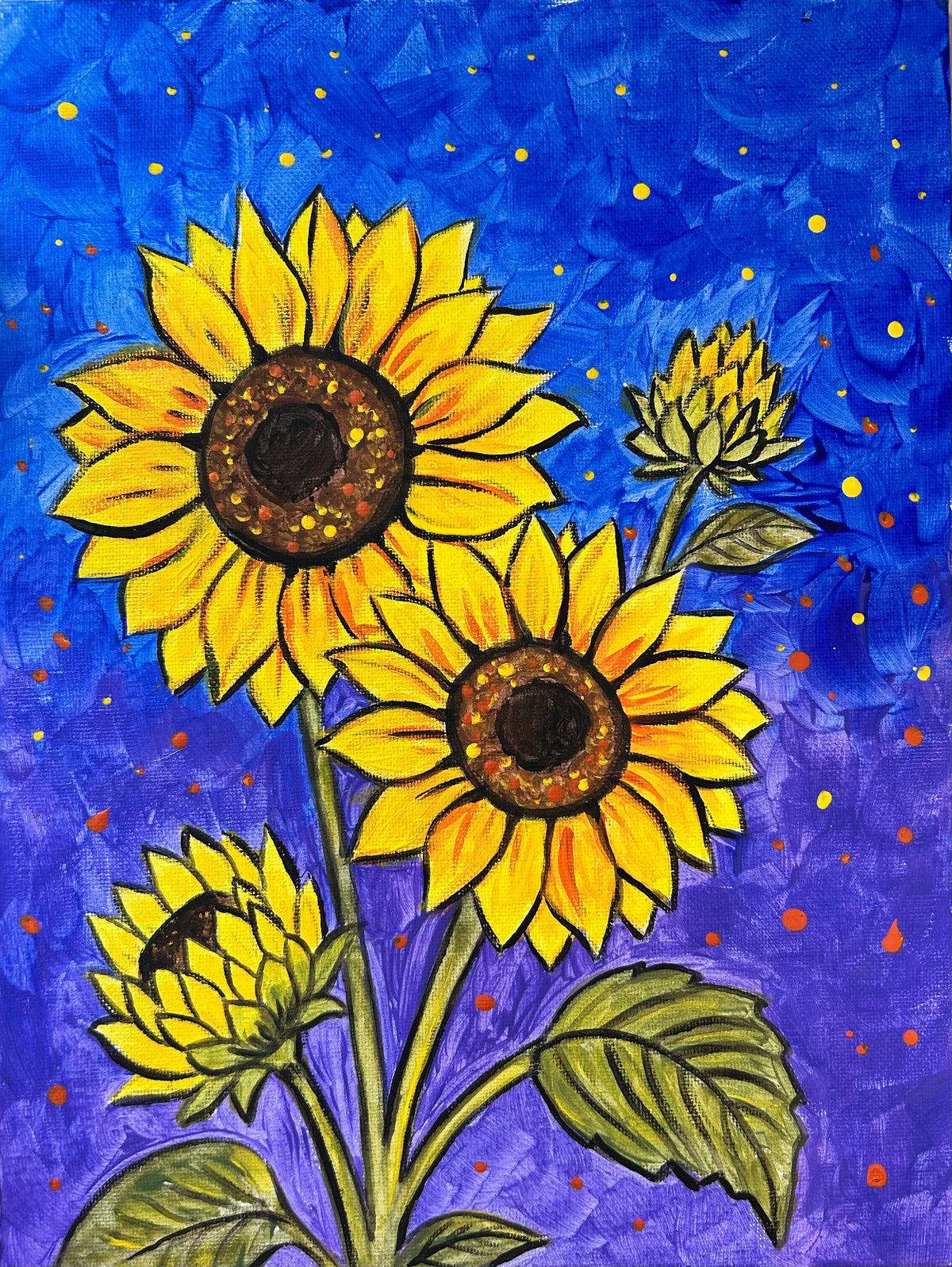 A colorful painting of three sunflowers on stems with green leaves, set against a textured blue and purple background with small yellow and orange dots.